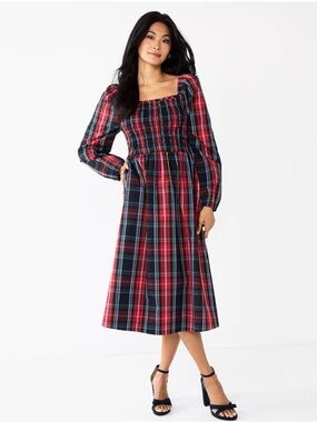 Draper James RSVP Plaid Smocked Midi Dress Holiday Tartan Cottagecore